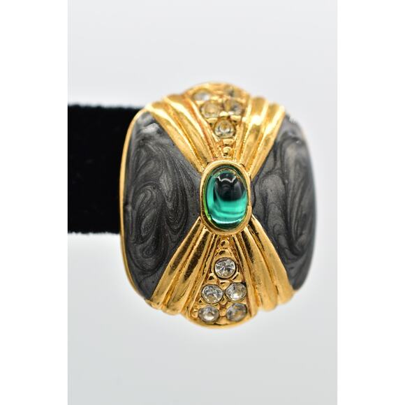 KJL Avon Cabochon Earrings Green Gray Enamel Gold Tone Stud Pierced Signed 9E - Picture 7 of 12